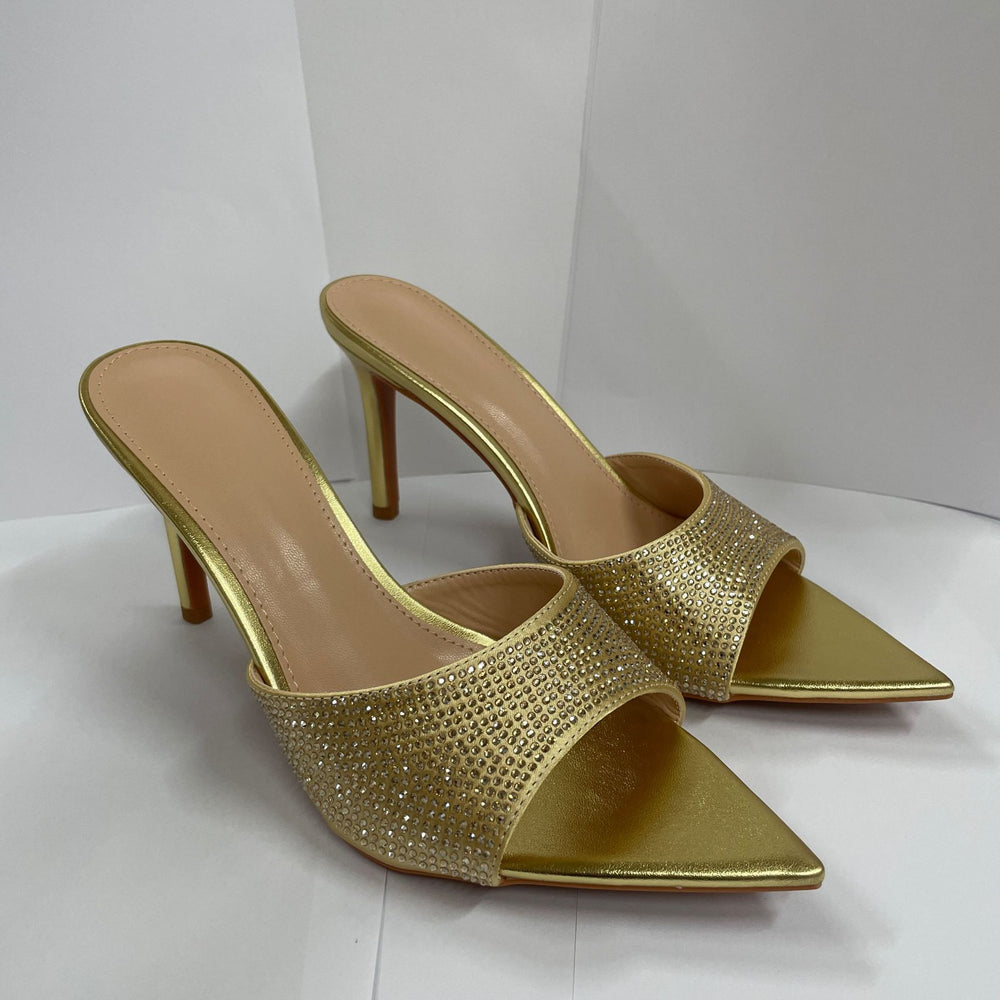 Summer women's stunning rhinestone stiletto heel mules - perfect with dresses, pointed-toe single strap high heels, sexy and comfortable for all-day wear