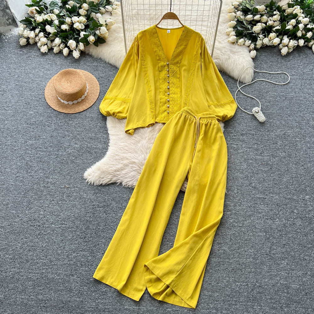 Classy sense of dressing for women autumloosecasuallacepatchwork lantern sleeve v neck shirt high waist wide leg straight-leg pants