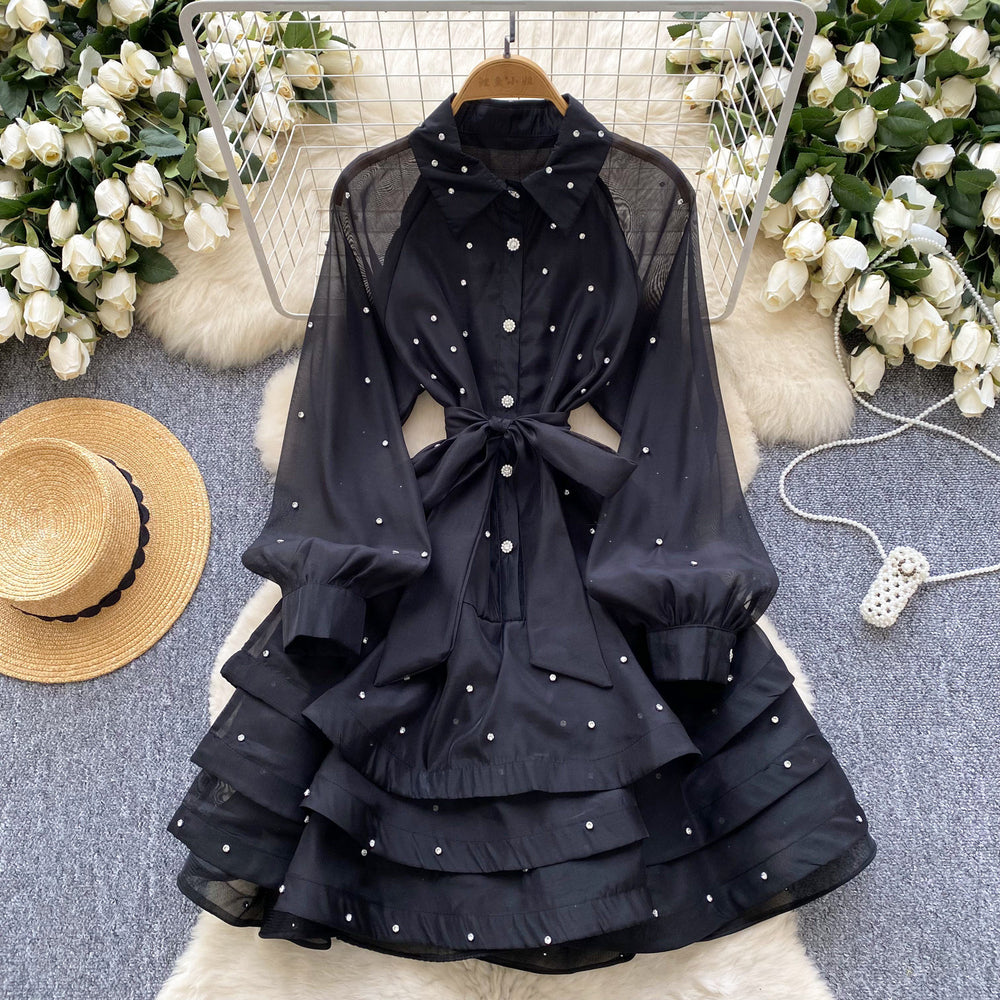 Frenchclassy heavy industry diamond-encrusted rufflesdress women's spring dress with straps and waist elegant lace fluffy dress
