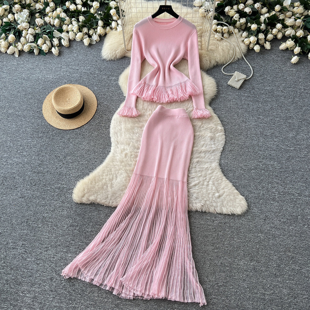 Lightly mature eleganceknittingrufflestops hip skirt two-piece set female autum silmwork clothingelegantsuit