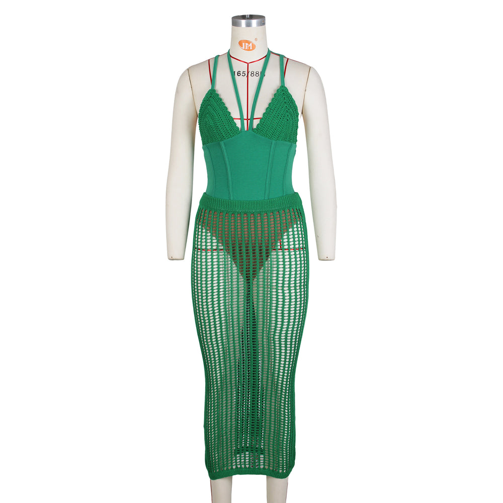summer new arrivals: european and american style women's fashion - sexy spaghetti strap backless bodysuit top with hollow-out knit skirt set