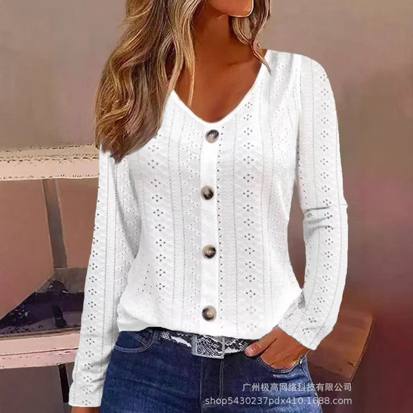 2025  Independent Station Autumn New, European and American Cross-border Solid Color Jacquard Hollow V-Neck Button Long Sleeve T-Shirt