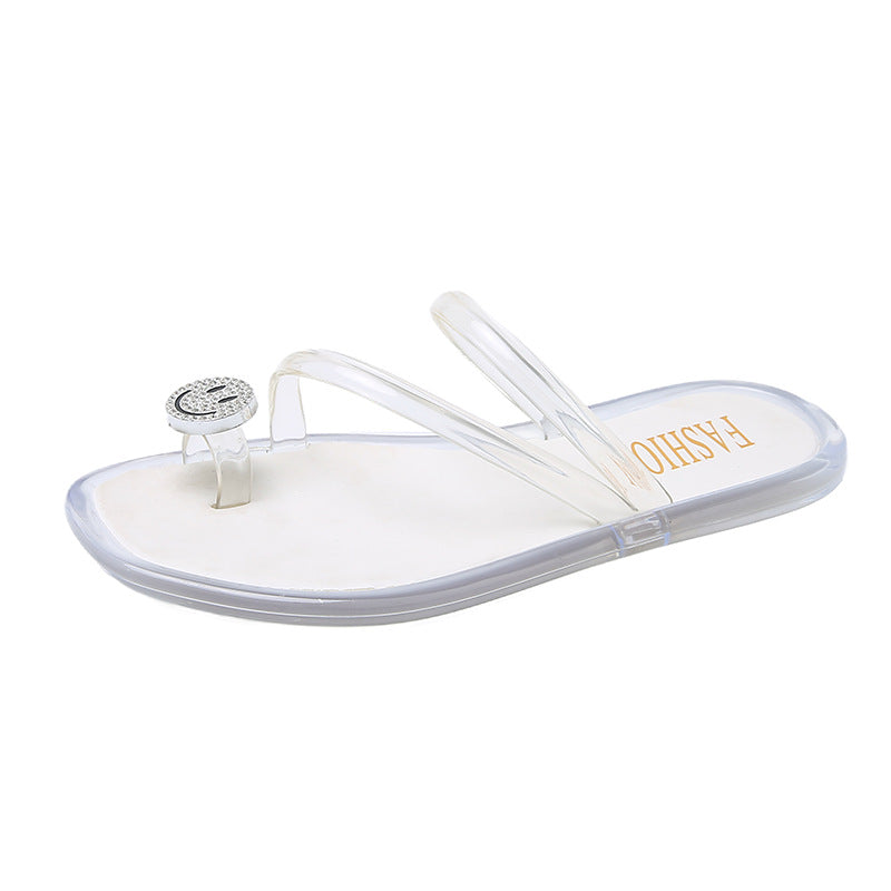 European and american fashion rhinestone smiley face flip-flops, transparent beach sandals, slimming summer outerwear, versatile casual slides