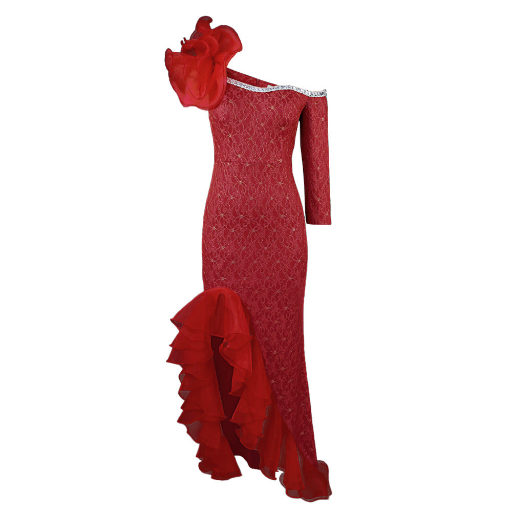 Mesh patchwork slant neck long dress designer single sleeve slant hem fungus dress party dress