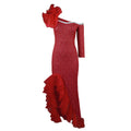 Mesh patchwork slant neck long dress designer single sleeve slant hem fungus dress party dress
