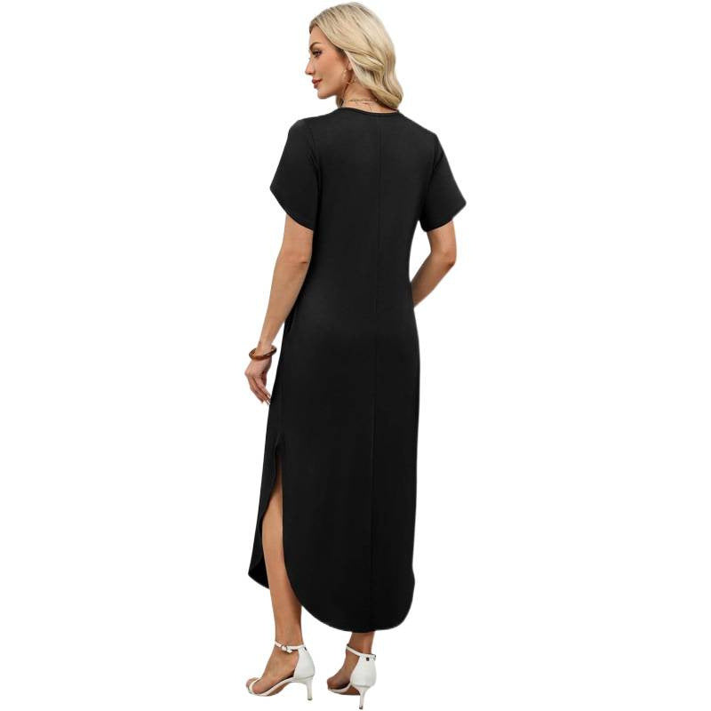 Amazon short-sleeve dress v-neck tank dress  summer new arrival side slit casual beach dress
