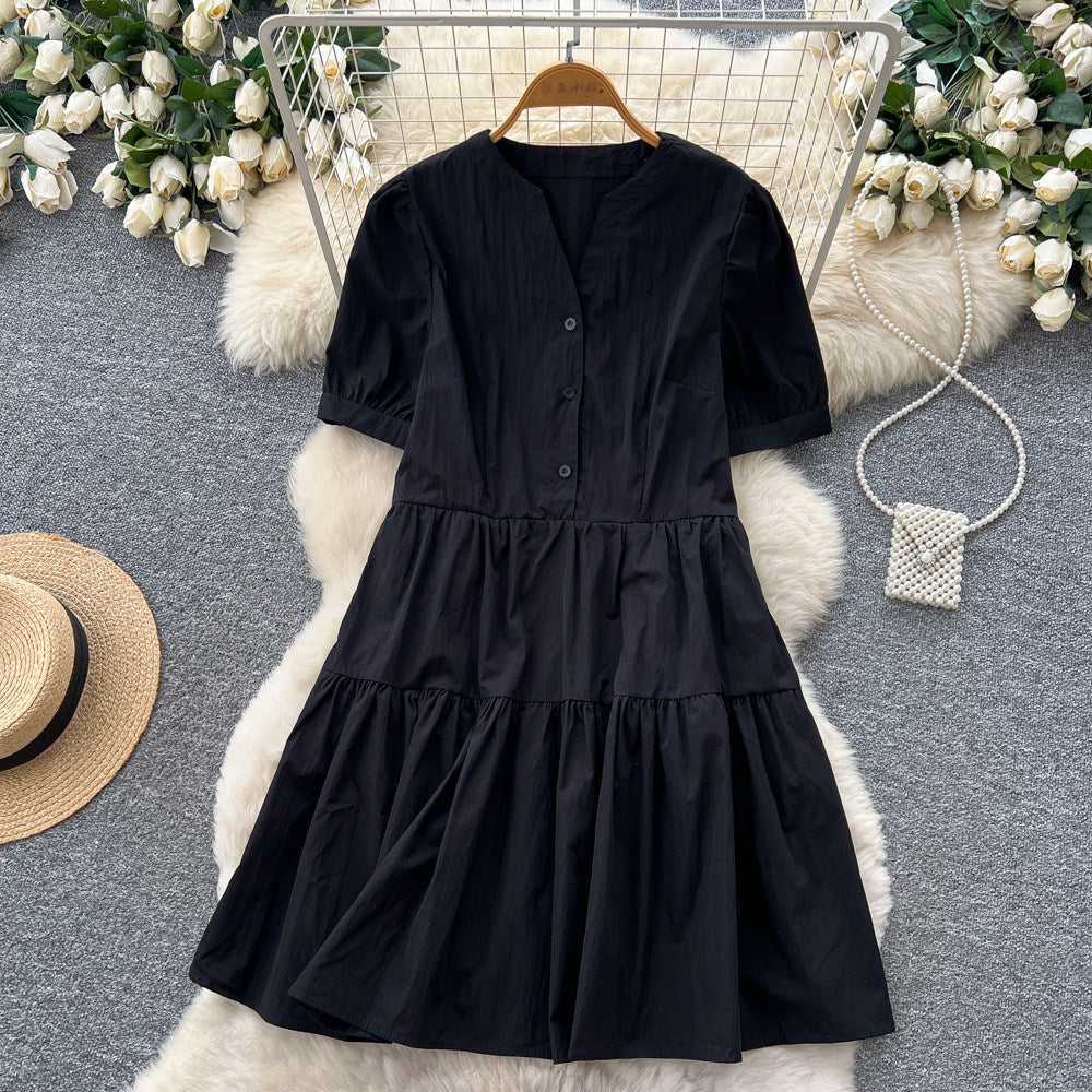 Vintage ink wash v-neck short sleeve a-line dress - women's summer korean style printed slimming design commute chic maxi dress