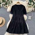 Vintage ink wash v-neck short sleeve a-line dress - women's summer korean style printed slimming design commute chic maxi dress