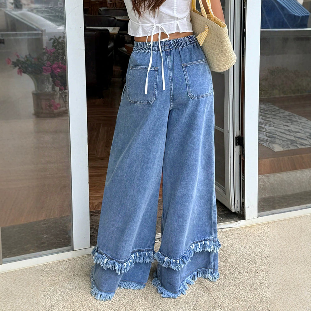 Fashionjeans women's elastic waist double-layer raw edge wide-leg mop pants soft washed denim casual
