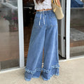Fashionjeans women's elastic waist double-layer raw edge wide-leg mop pants soft washed denim casual