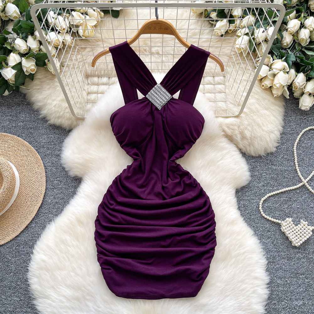 Goddess style sexy heavy industry diamond halter suspender dress heart ruched silm slimming look hip cover backless short skirt