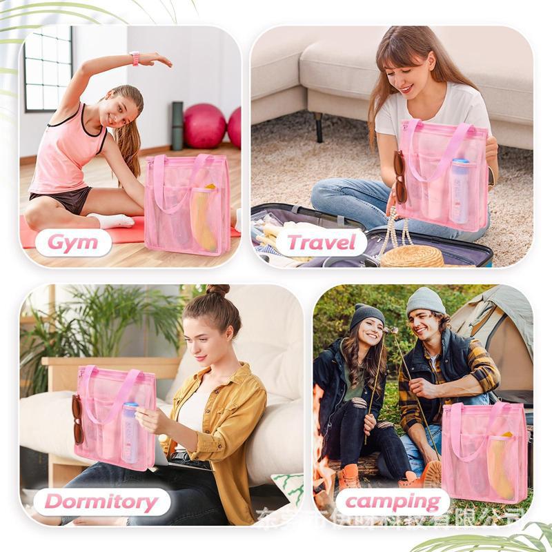 Beach mesh bag bath basket bathing pouch large capacity swimming gym bag seaside handheld storage hanging bag wet and dry separation