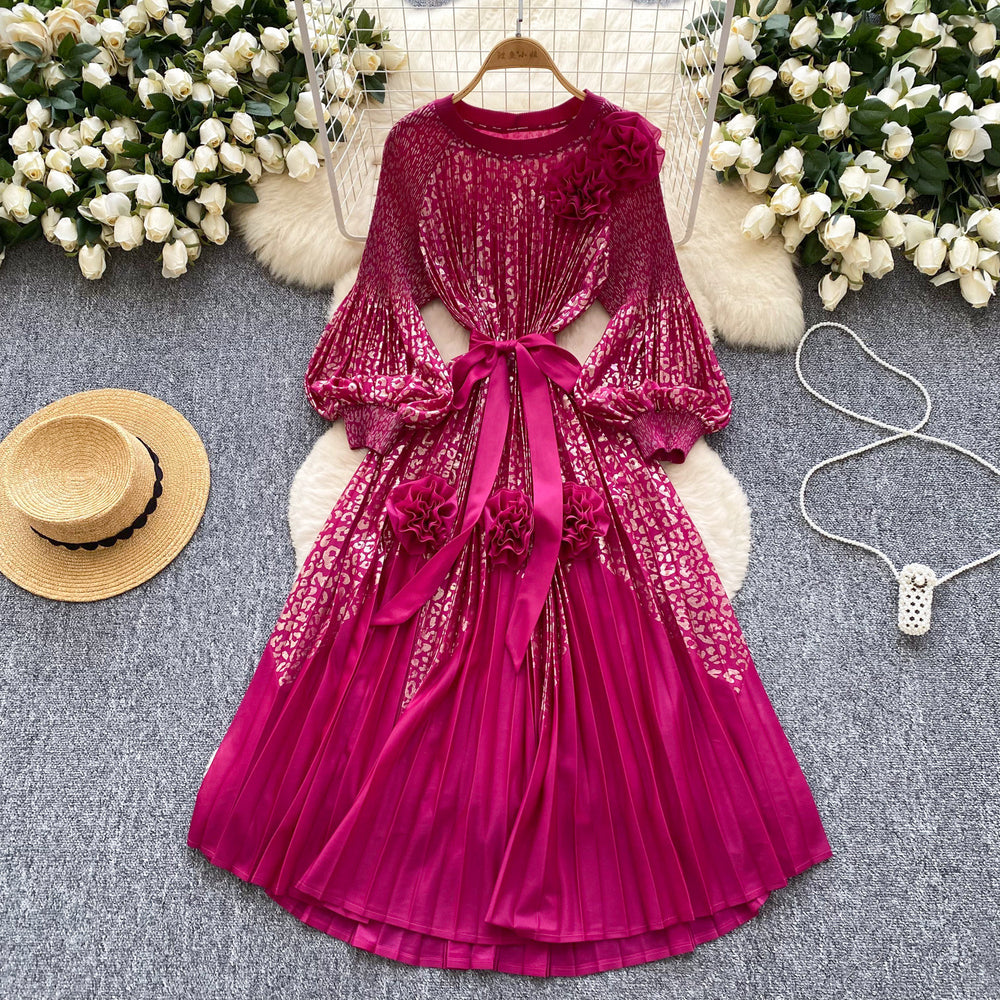 Palace style classyprinting lantern sleeve dress women's spring strap stereo flower pleated super fairy long skirt