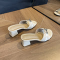 2025 spring/summer premium crocodile-embossed white heeled mules - women's open-toe sandals with small gold buckle and chunky stiletto heel