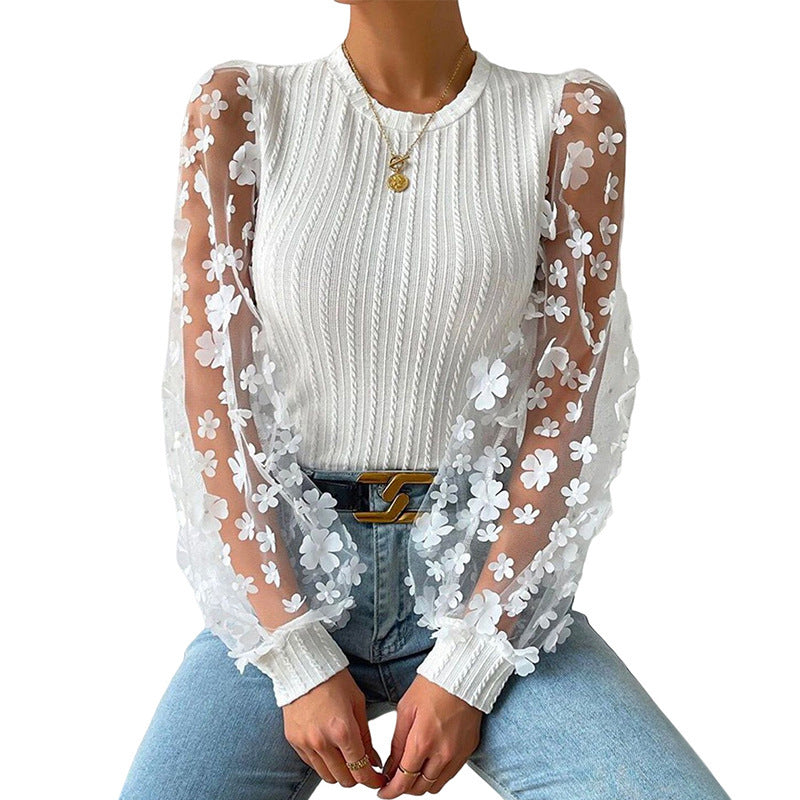 European and American  women's clothing, mesh floral chiffon shirt women's 2024 spring and summer round neck thin pullover long-sleeved top