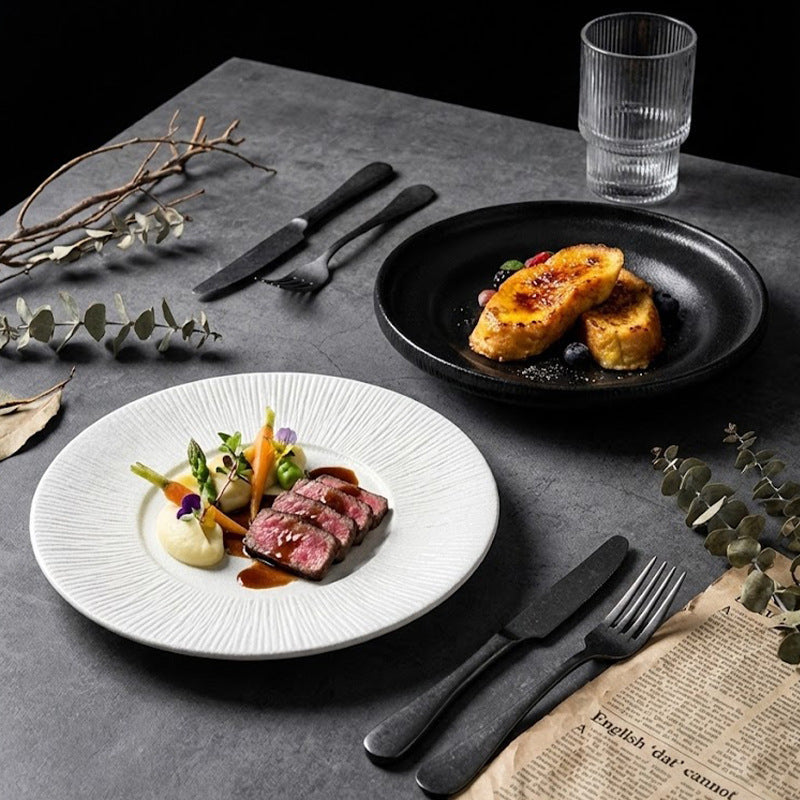 Nordic minimalist black and white ceramic steak plate - western dinner plate for restaurant, home, and hotel use - flat plate with unique creative presentation