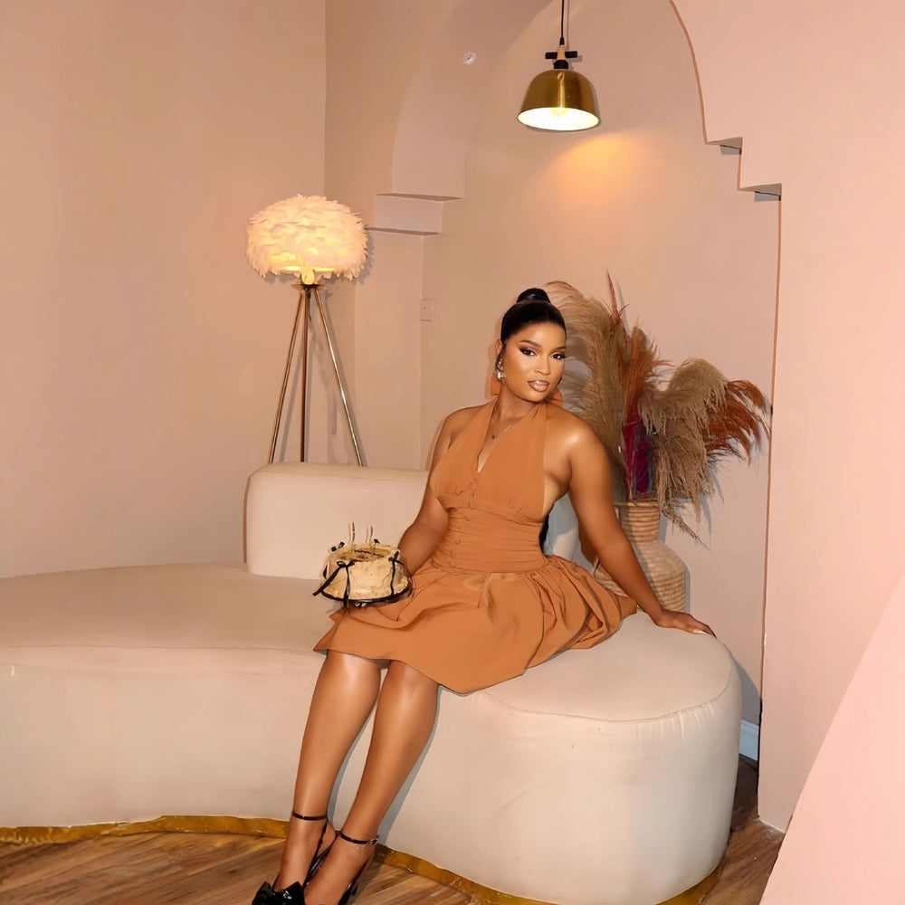 European and american cross-border women's fashion:  early winter new arrival - solid color sleeveless tie-back backless cinched waist ruched mini dress