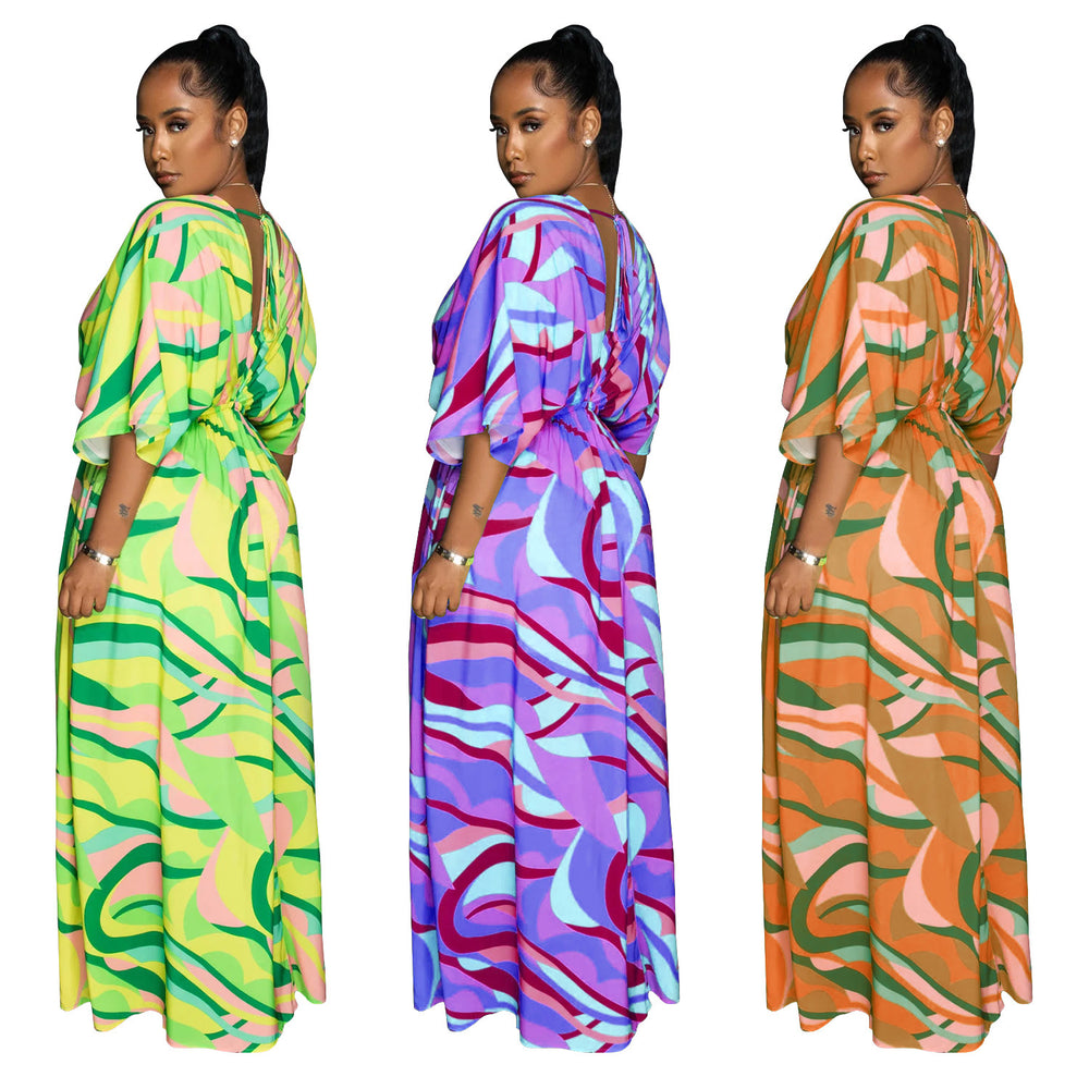X6615 cross-border   fashion women's v-neck vintage print slit maxi dress