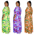 X6615 cross-border   fashion women's v-neck vintage print slit maxi dress