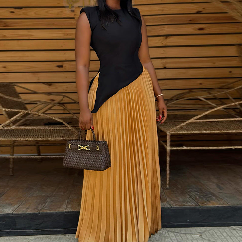 European and american style women's  autumn sweet & fresh round neck asymmetrical sleeveless top with high-waisted pleated midi skirt two-piece set
