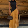European and american style women's  autumn sweet & fresh round neck asymmetrical sleeveless top with high-waisted pleated midi skirt two-piece set