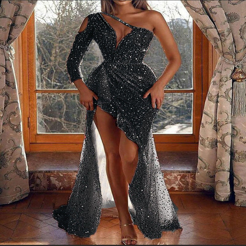 cross-border women's dreamy socialite party high-quality sexy high-slit long sleeve sequin banquet evening gown
