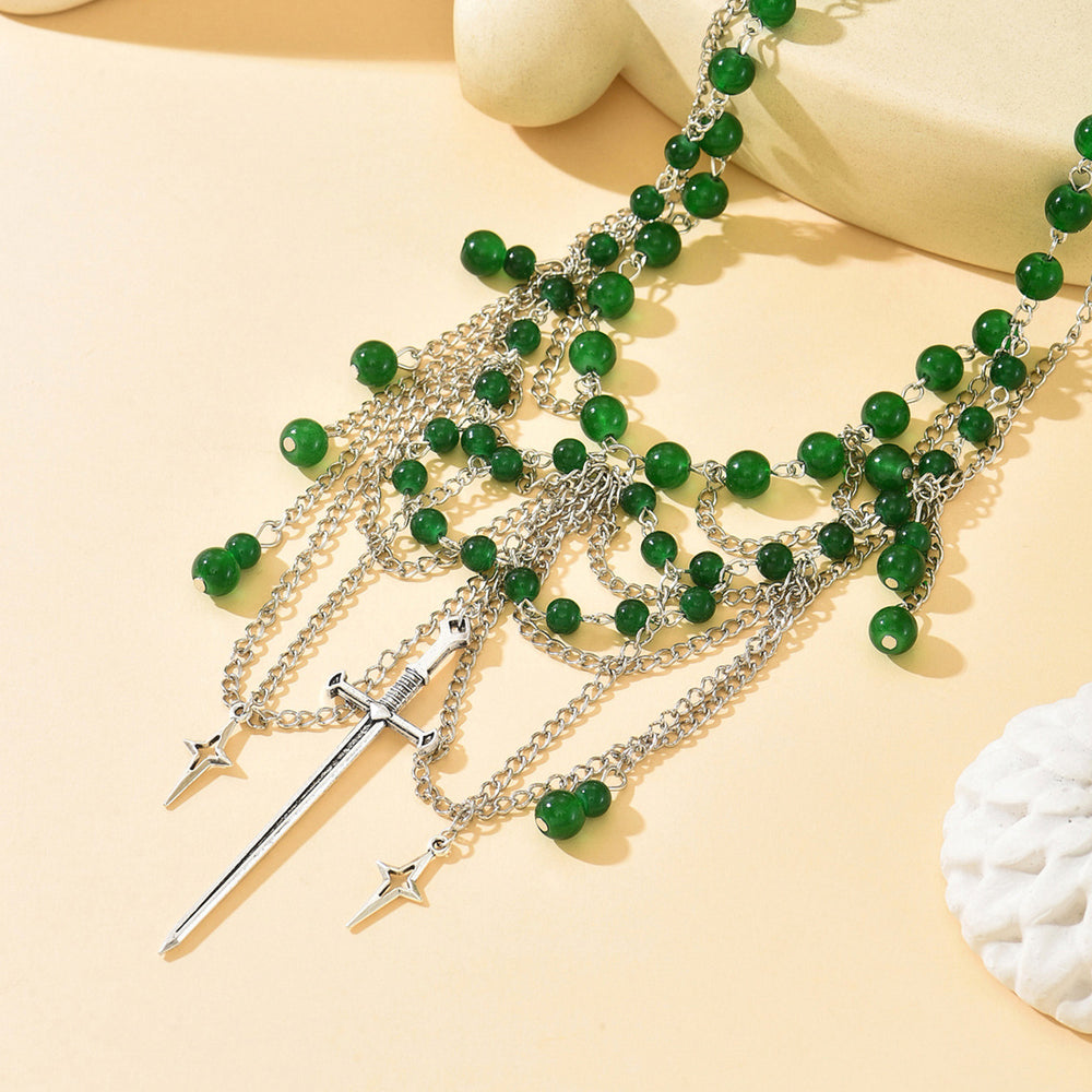 Stacked tassel necklace wholesale european and american cross-border retro gothic style accessories green beaded multi-layer choker necklace