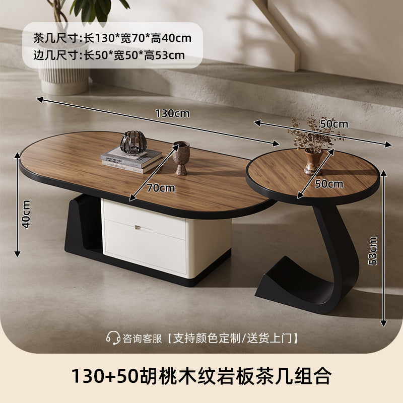 living room home small apartment coffee table oval slate storage solid walnut wood mid-century style with drawer