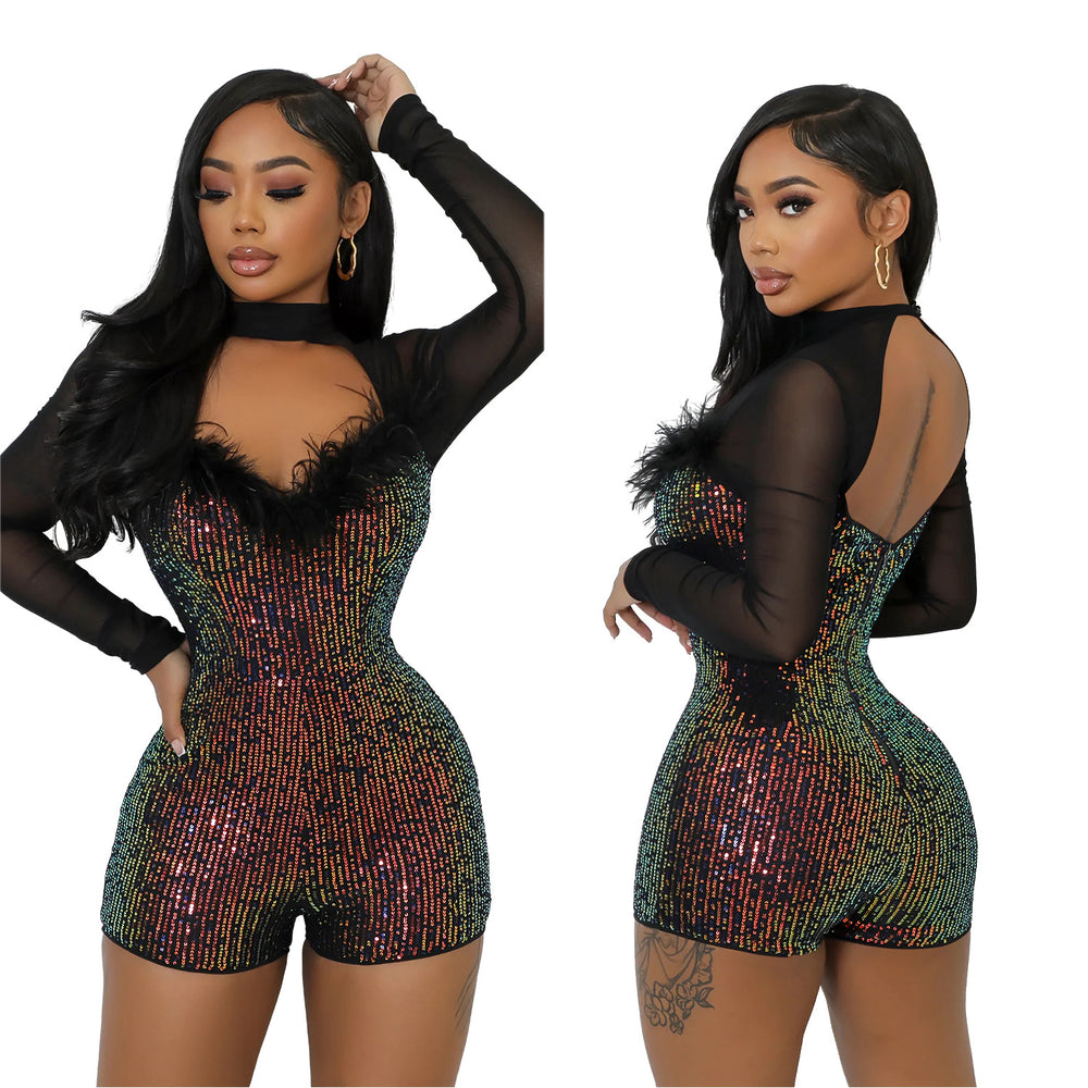C7055 cross-border   independent station fashionfashion women's sequin deep v long sleevesdressshort
