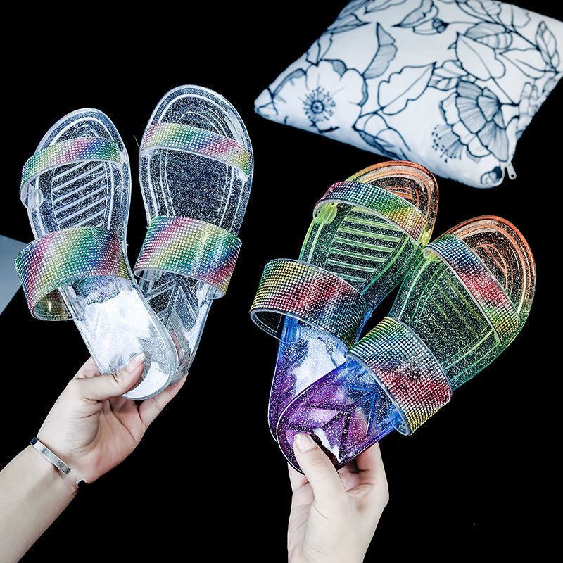 Women's slippers summer 2024 new fashion rhinestone stylish ladies' outdoor wear girly heart flat one-strap crystal sandals