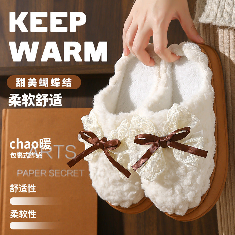 Sweet bowknot cotton slippers for women, new winter 2025 indoor home fleece-lined warm non-slip cotton slippers for ladies