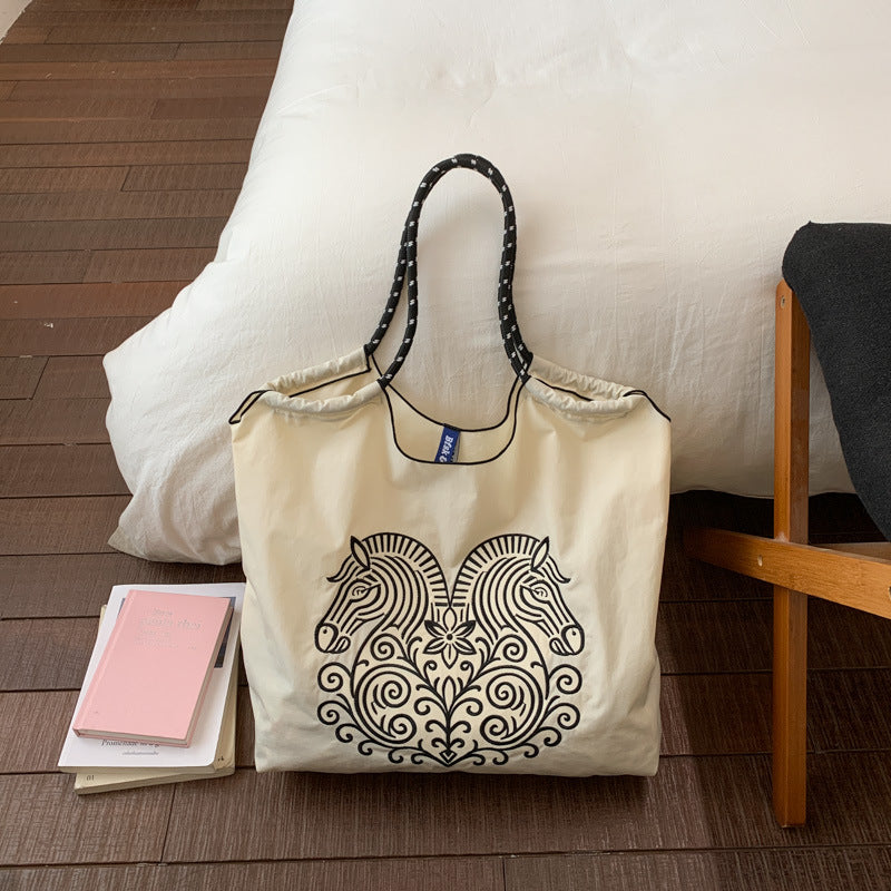 Casual women's shoulder & crossbody bag - large capacity shopping tote - nylon canvas bag - spring handmade printed fabric bag