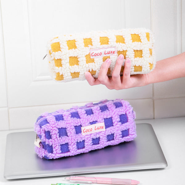 Waffle Plush Cosmetic Bag High Value Makeup Brush Tool Storage Bag University, Primary and Secondary School Students Portable Soft Pencil Bag