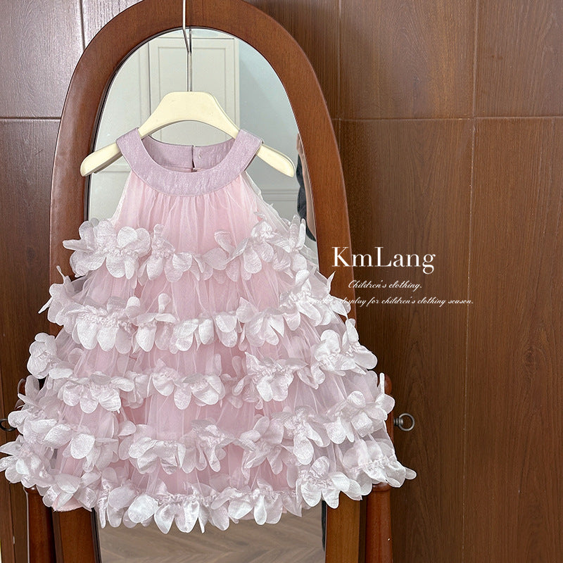 summer new korean style girls' halter neck floral tiered cake dress birthday mesh tulle skirt