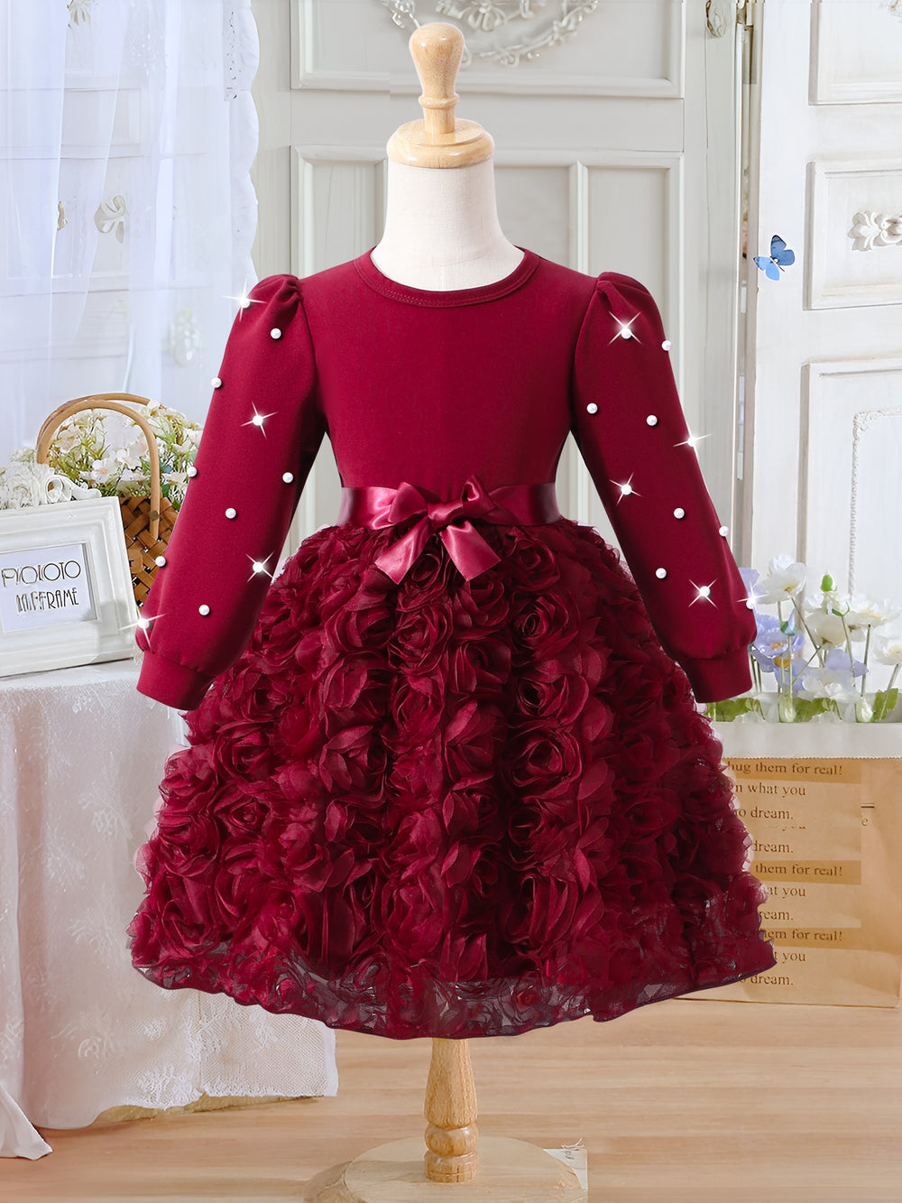 Girls' dress for toddlers and young children, solid color 3d floral pearl long sleeve dress