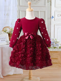 Girls' dress for toddlers and young children, solid color 3d floral pearl long sleeve dress
