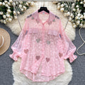 Accessible luxuryfrench styleclassy lantern sleeve shirt women's summer mesh hot diamond loose flesh-covering designeleganttops