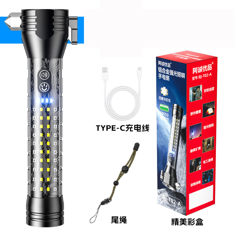 Cross-border new safety hammer flashlight Type-C charging outdoor with cutter alarm Car LED flashlight