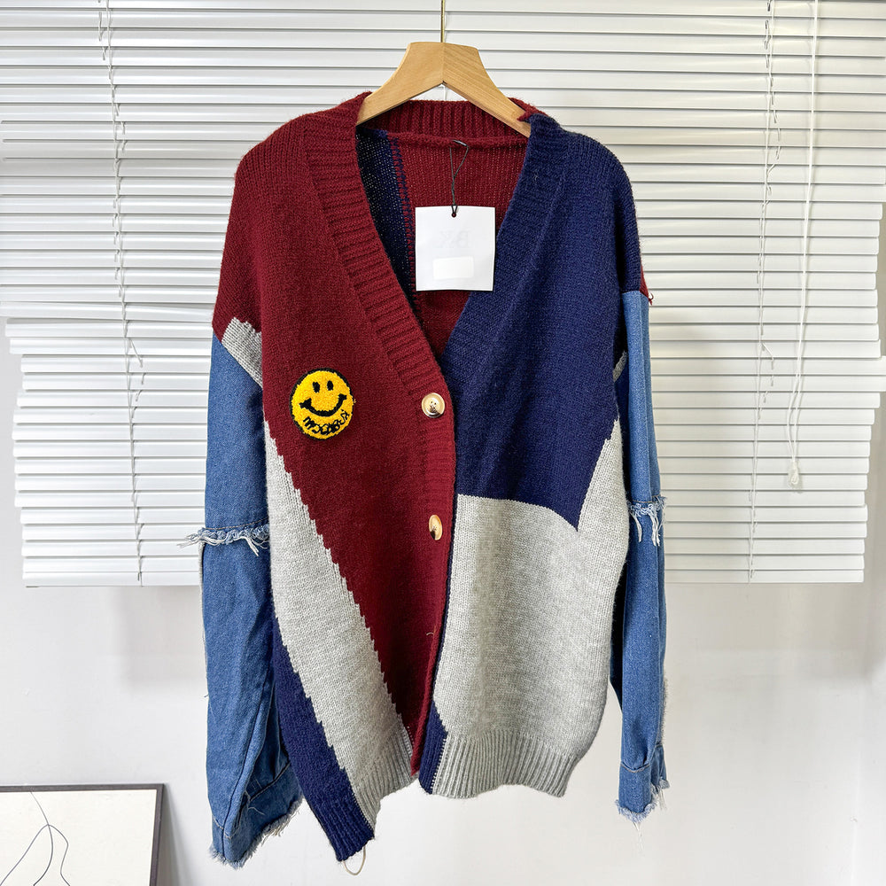 women's fall/winter cardigan sweater: color block denim sleeve, loose fit, fashionable single-breasted, versatile outerwear