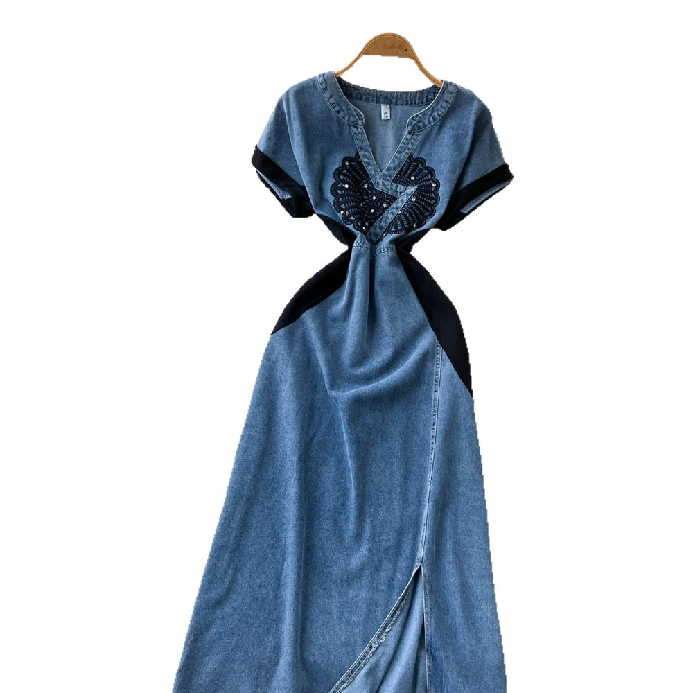 Vintage chic denim dress for women -  summer collection: high-end, heavily embellished with rhinestone embroidery, cinched waist, v-neck, short sleeve maxi dress