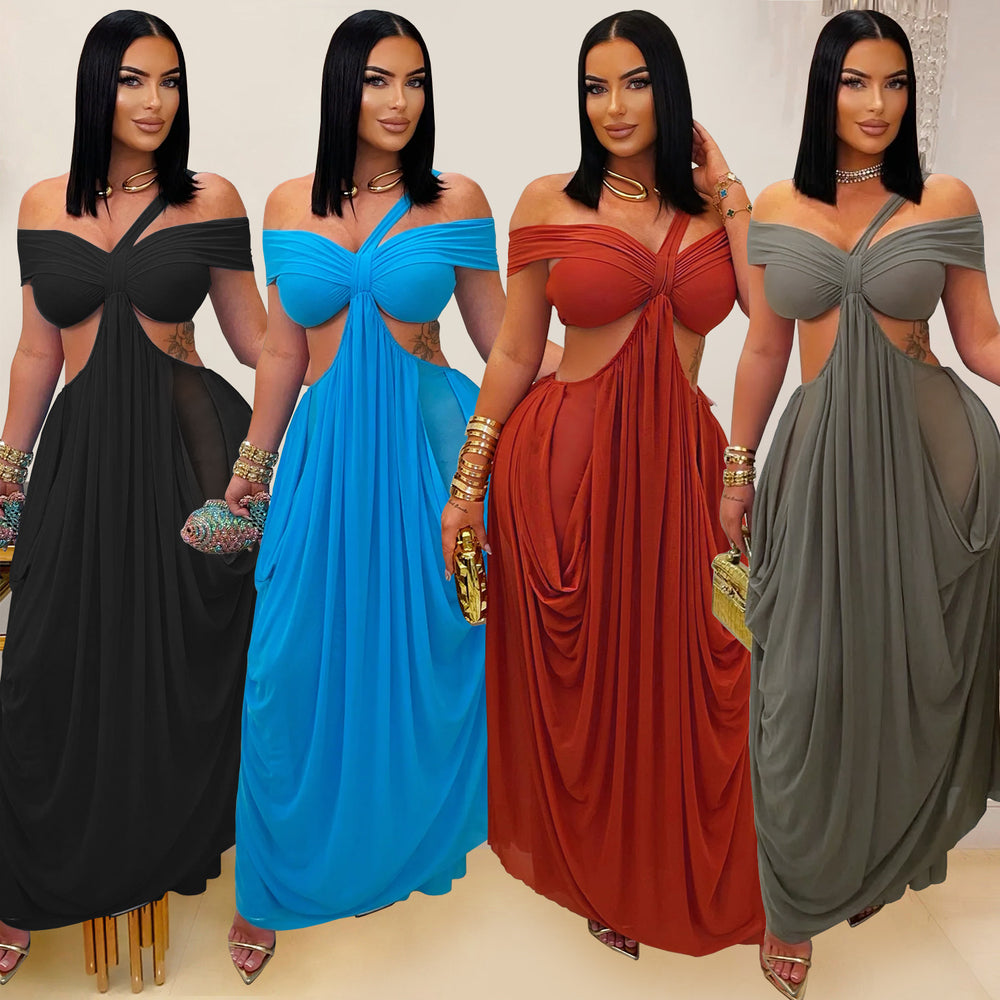 C7430 cross-border   fashion women's sexy bandeau bodycon see-through mesh dress