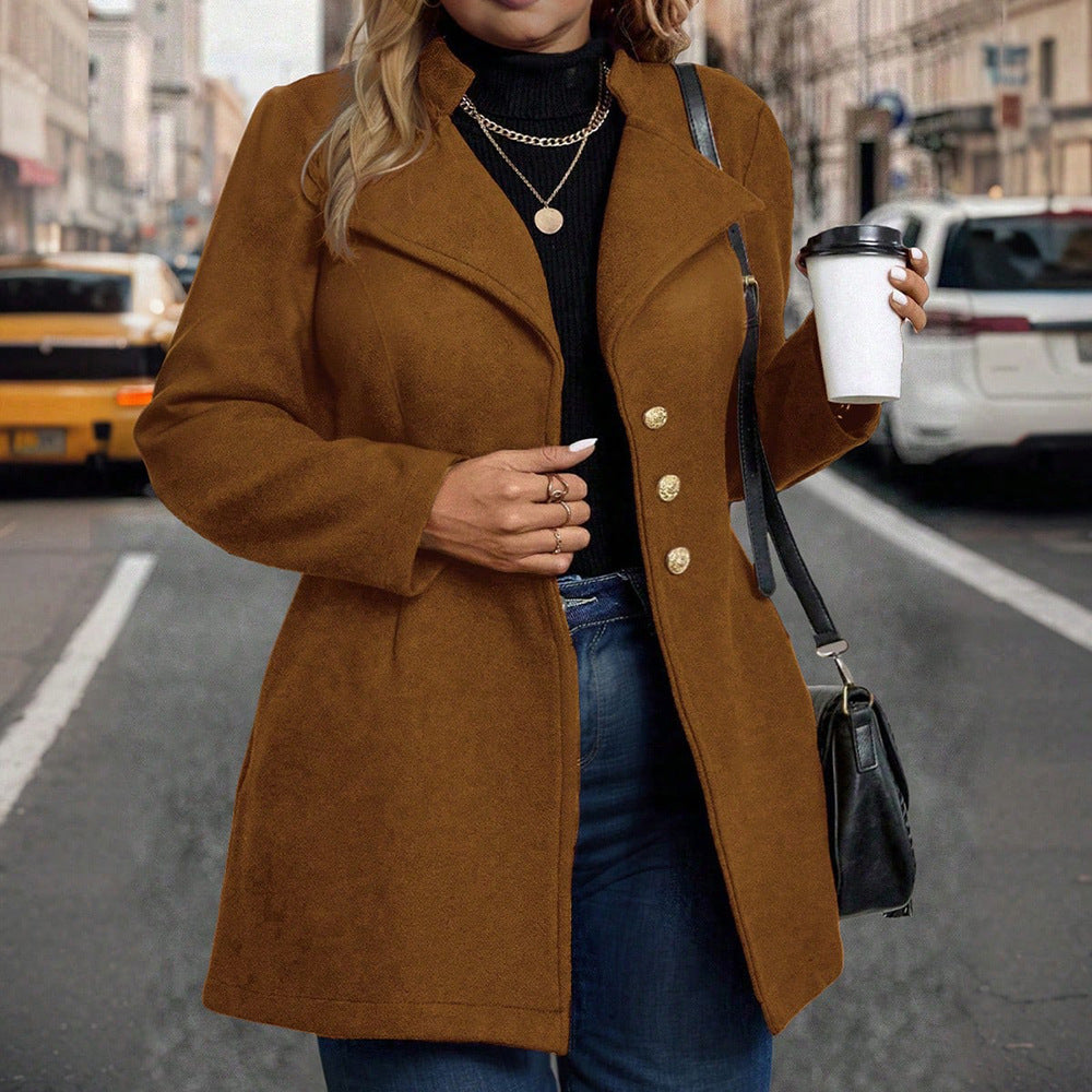 European and american style plus size vintage wool blend coat with turn-down collar, metal buckle design, slim fit, mid-length, long sleeve overcoat