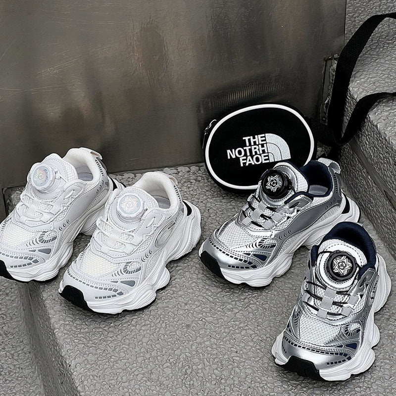 Girls' athletic sneakers with silver button detailing, new spring/summer  collection. breathable mesh upper, also available as chunky dad sneakers for boys and girls