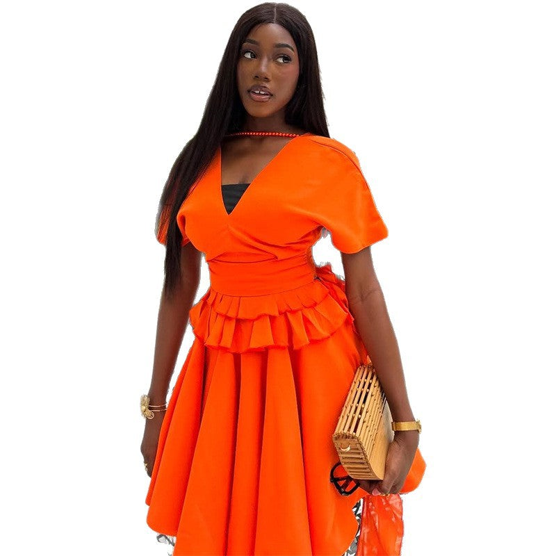 European and American  women's clothing 2025 summer new temperament V-neck ruffle edge short-sleeved top high-waisted skirt set