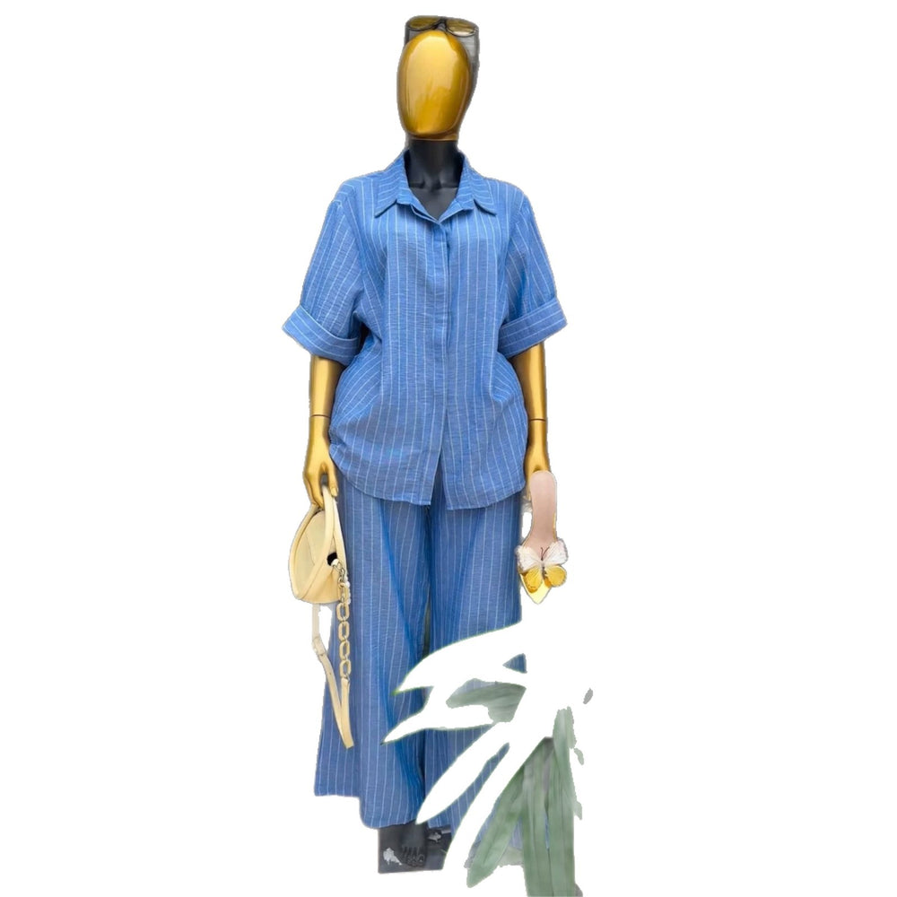 European and american cross-border women's fashion:  summer new collection - striped turn-down collar short-sleeve shirt and high-waisted wide-leg pants set