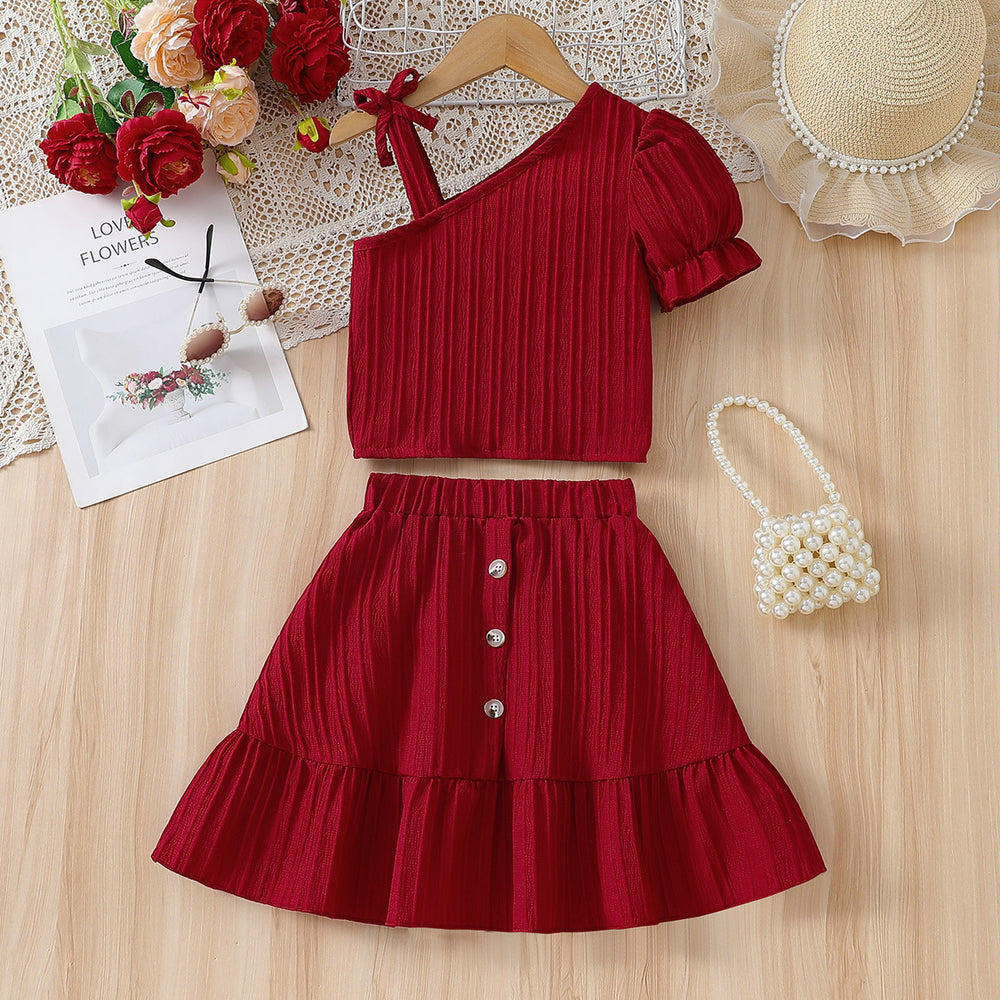 girls' summer dress set - burgundy one-shoulder tie-up cami top and skirt two-piece outfit for little girls