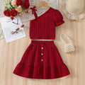girls' summer dress set - burgundy one-shoulder tie-up cami top and skirt two-piece outfit for little girls