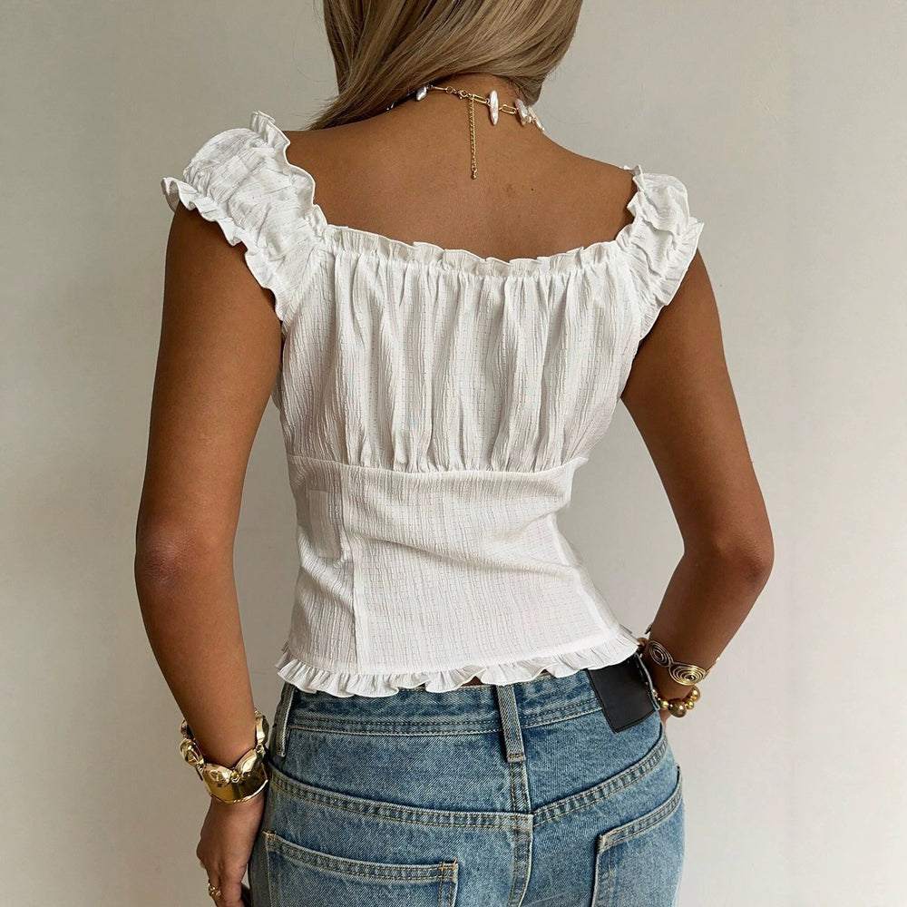 French white ruffle trim sleeveless top - women's v-neck single-breasted cinched waist slimming short vest with flutter sleeves
