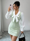 fall/winter new korean style petite short sleeve tie-waist slim fit bodycon plaid mermaid dress
