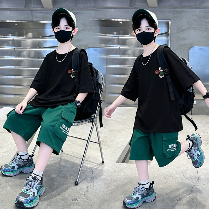Boys' trendy sports outfit:  new korean style, casual printed summer t-shirt and shorts two-piece set for mid-to-large children